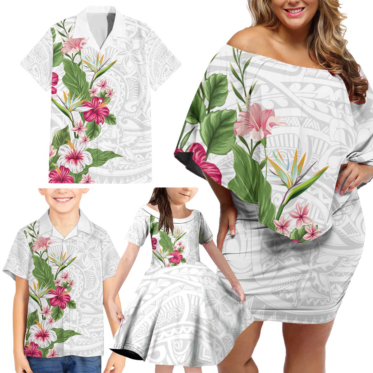 Hawaii Tropical Flowers Family Matching Off Shoulder Short Dress and Hawaiian Shirt Polynesian Tattoo White