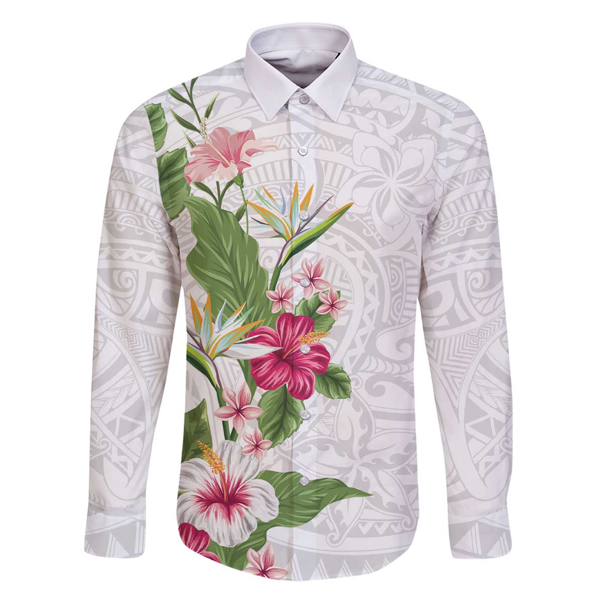 Hawaii Tropical Flowers Family Matching Off Shoulder Short Dress and Hawaiian Shirt Polynesian Tattoo White LT05 Dad's Shirt - Long Sleeve White - Polynesian Pride
