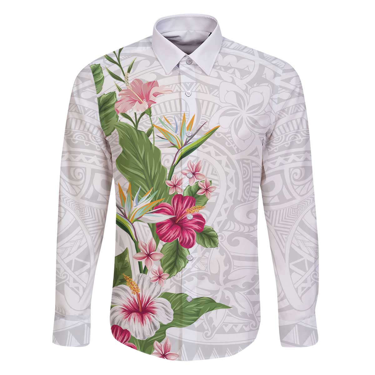 Hawaii Tropical Flowers Family Matching Puletasi and Hawaiian Shirt Polynesian Tattoo White LT05 Dad's Shirt - Long Sleeve White - Polynesian Pride