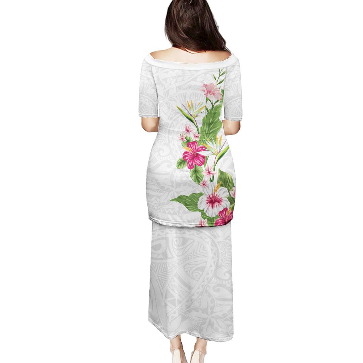 Hawaii Tropical Flowers Family Matching Puletasi and Hawaiian Shirt Polynesian Tattoo White LT05 - Polynesian Pride