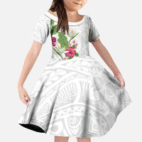 Hawaii Tropical Flowers Family Matching Short Sleeve Bodycon Dress and Hawaiian Shirt Polynesian Tattoo White LT05 Daughter's Dress White - Polynesian Pride