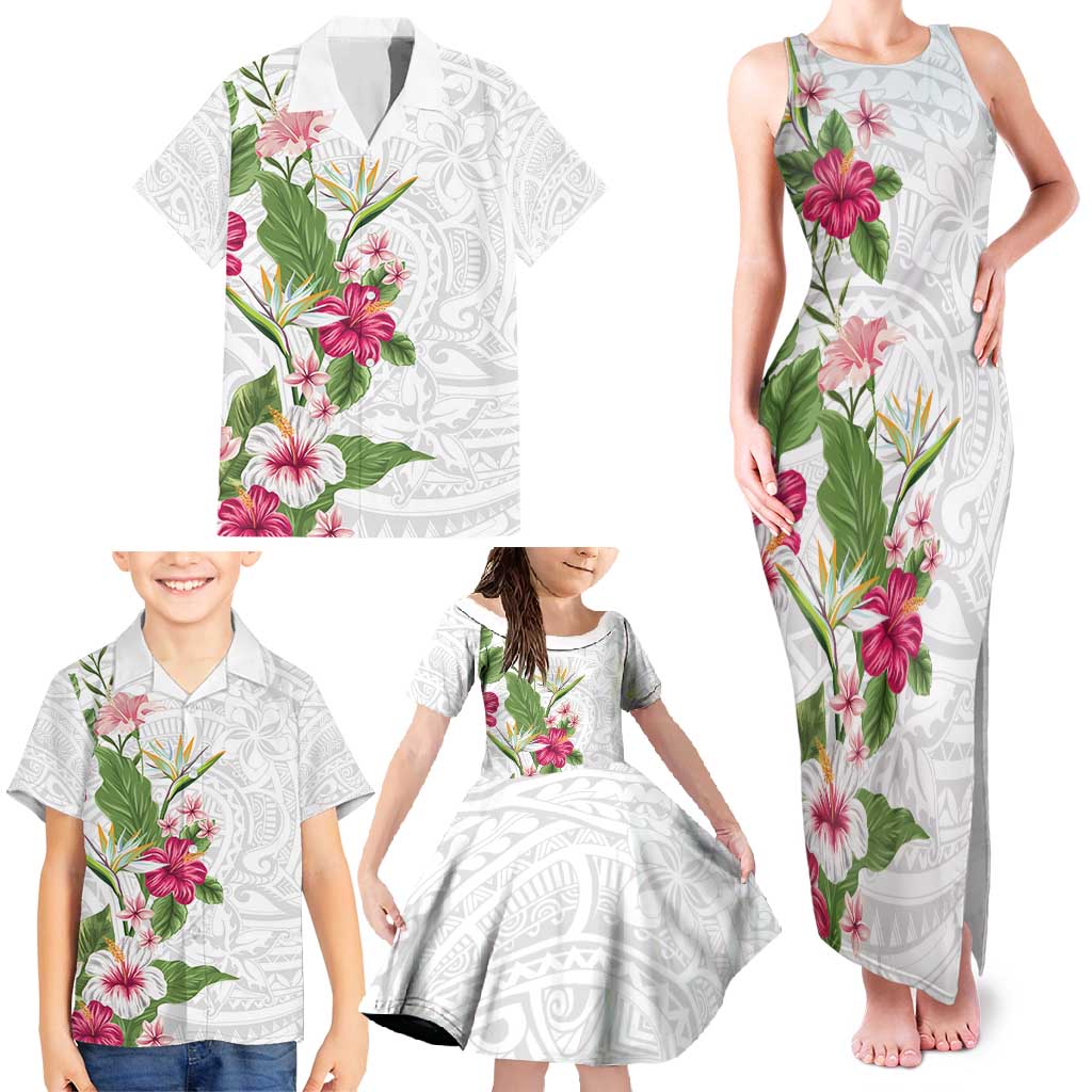 Hawaii Tropical Flowers Family Matching Tank Maxi Dress and Hawaiian Shirt - Polynesian Tattoo White LT05 - Polynesian Pride