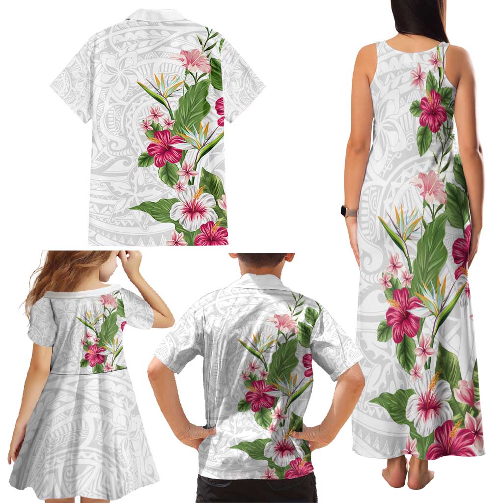 Hawaii Tropical Flowers Family Matching Tank Maxi Dress and Hawaiian Shirt - Polynesian Tattoo White LT05 - Polynesian Pride