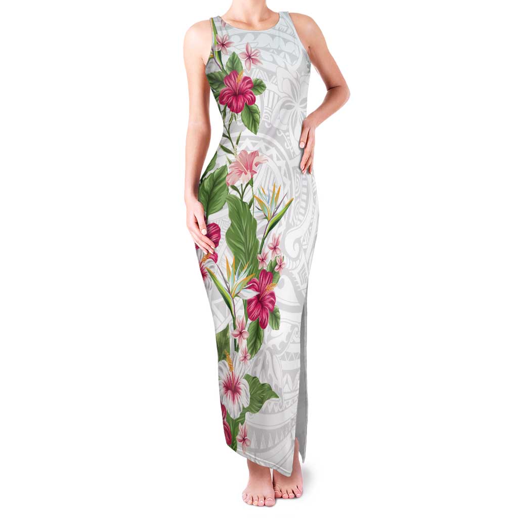 Hawaii Tropical Flowers Family Matching Tank Maxi Dress and Hawaiian Shirt - Polynesian Tattoo White LT05 Mom's Dress White - Polynesian Pride