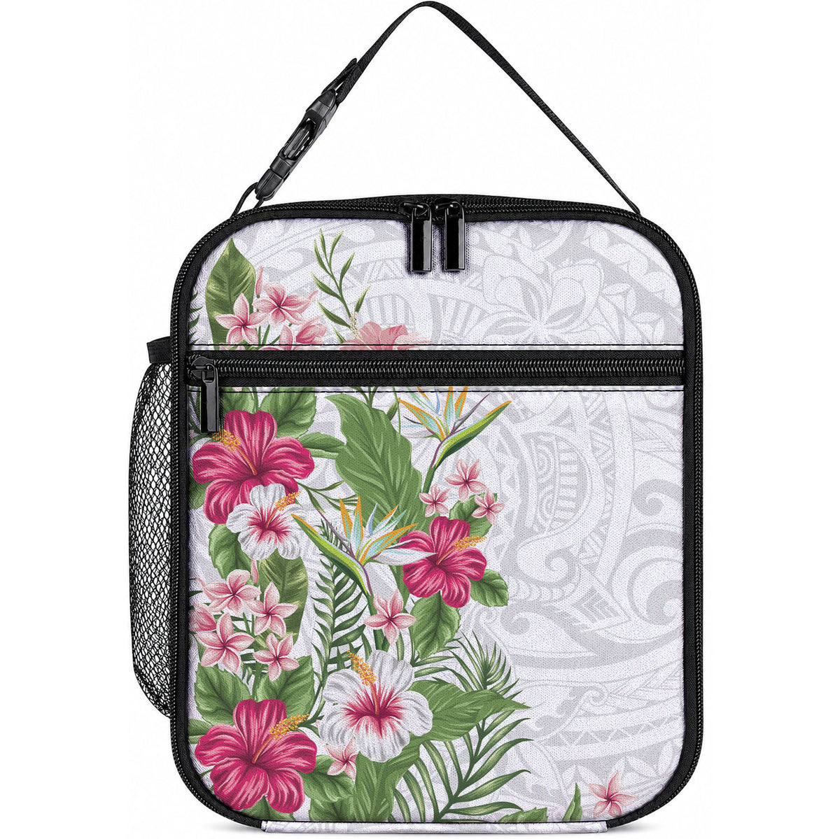 Hawaii Tropical Flowers Lunch Bag Polynesian Tattoo White
