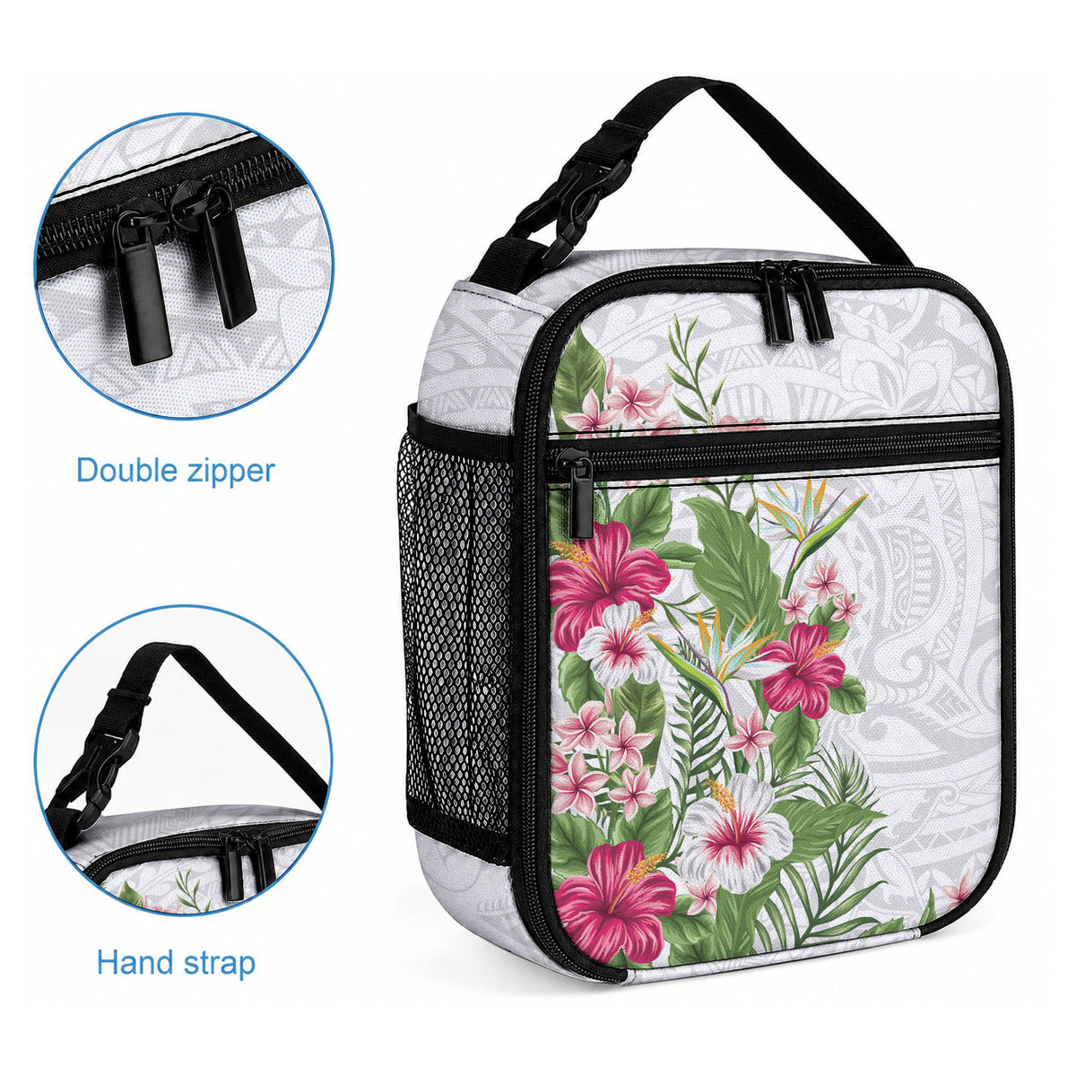Hawaii Tropical Flowers Lunch Bag Polynesian Tattoo White