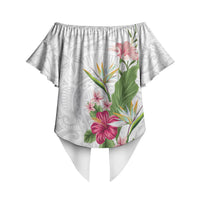 Hawaii Tropical Flowers Off Shoulder Wrap Waist Top Polynesian Tattoo White LT05 - Polynesian Pride