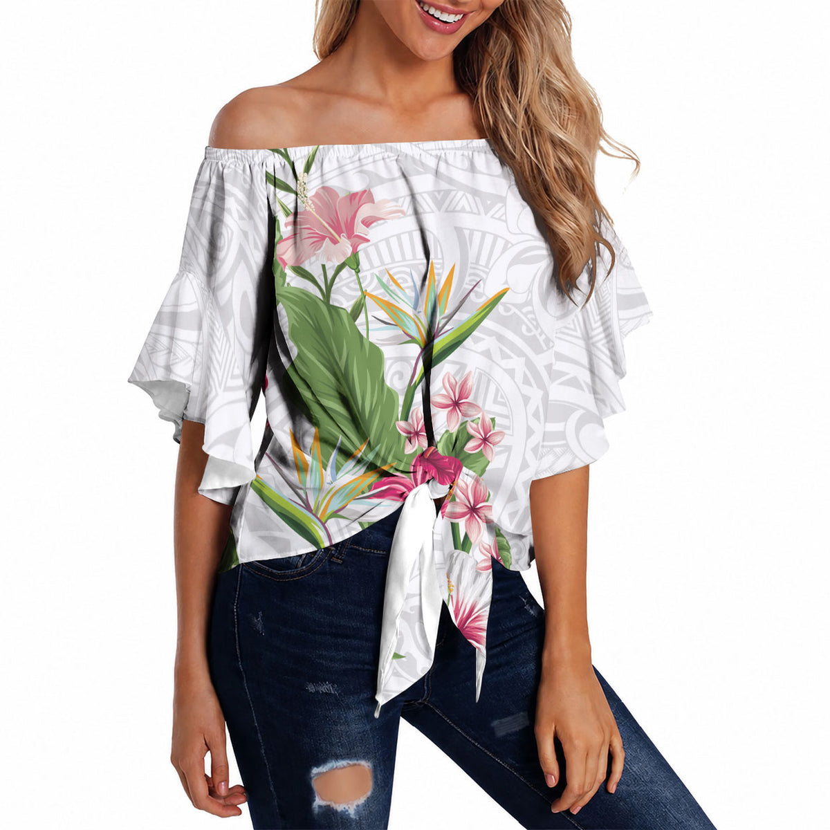 Hawaii Tropical Flowers Off Shoulder Wrap Waist Top Polynesian Tattoo White LT05 - Polynesian Pride