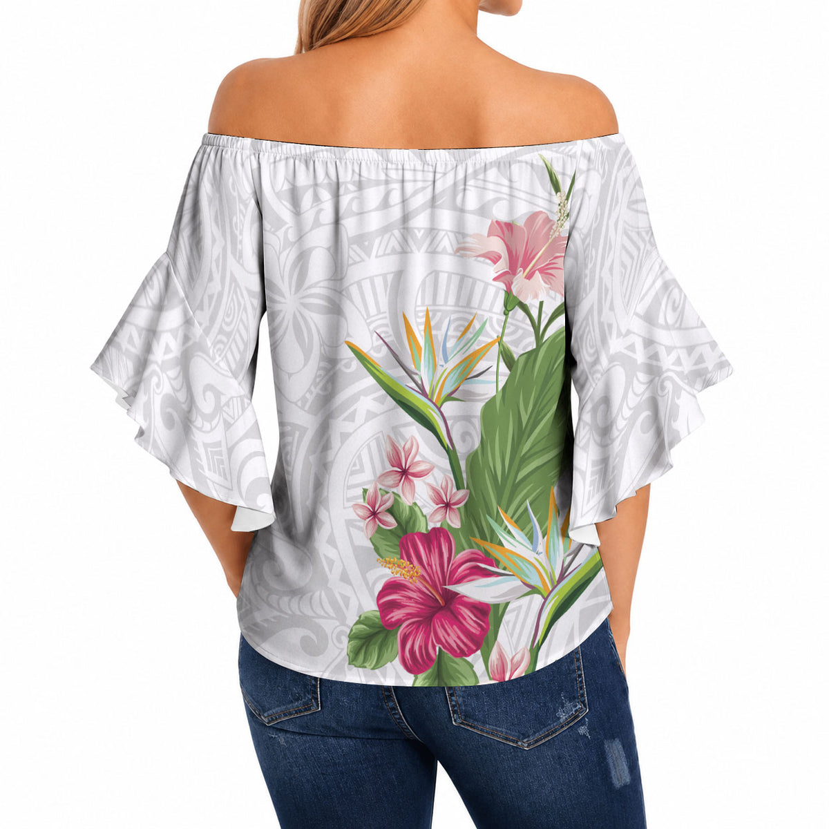 Hawaii Tropical Flowers Off Shoulder Wrap Waist Top Polynesian Tattoo White LT05 - Polynesian Pride