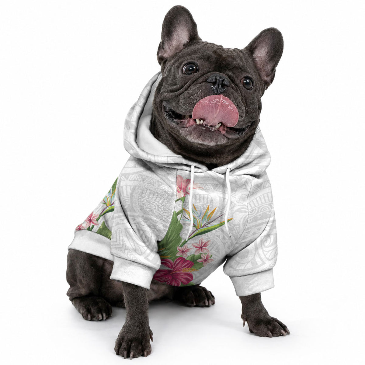 Hawaii Tropical Flowers Pet Hoodie Polynesian Tattoo White