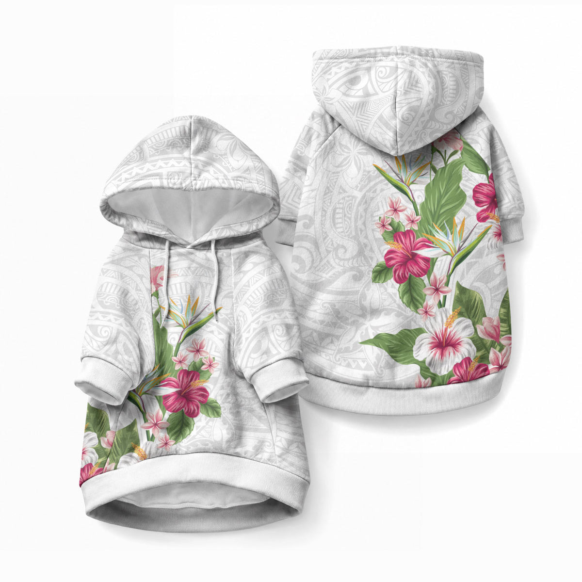 Hawaii Tropical Flowers Pet Hoodie Polynesian Tattoo White
