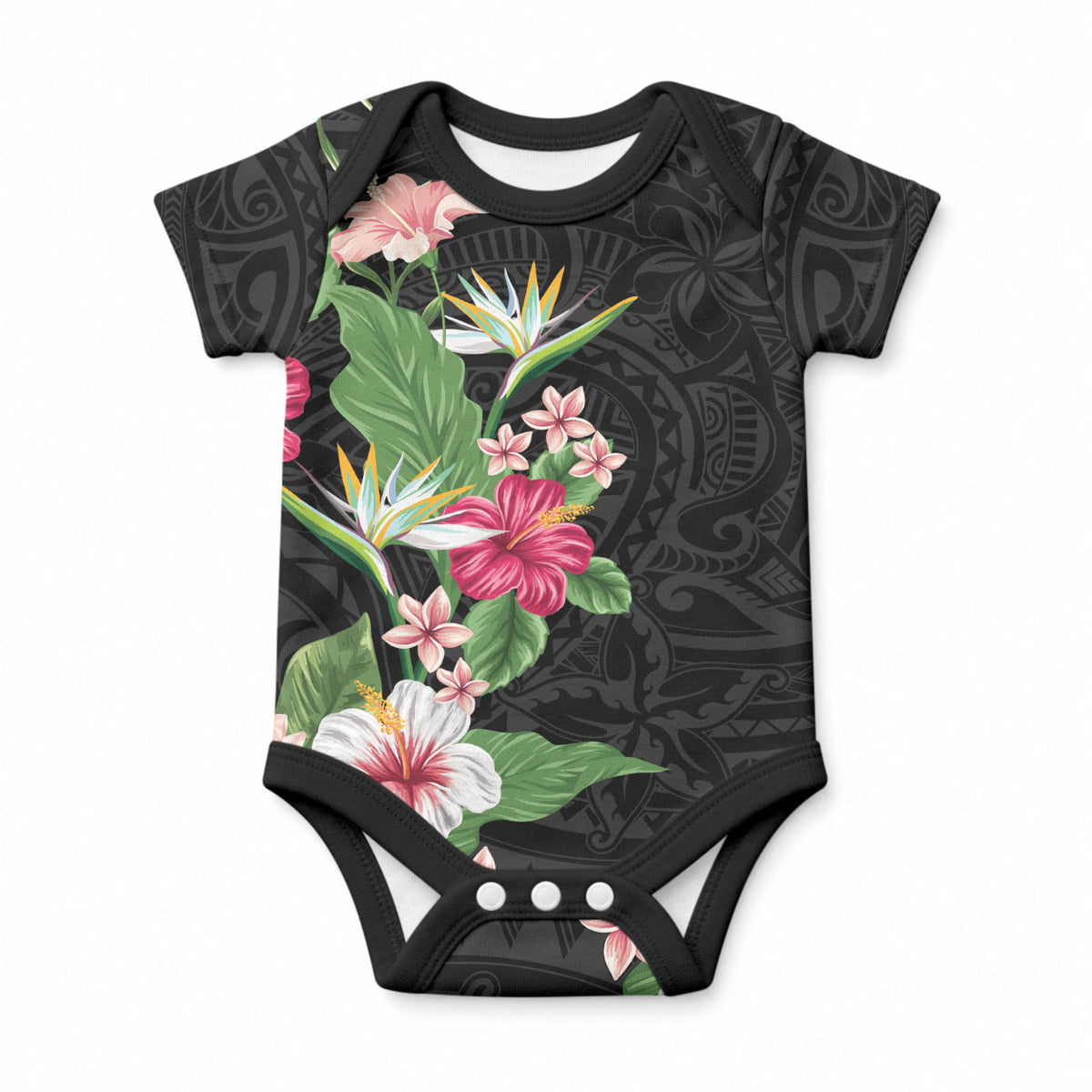 Hawaii Tropical Flowers Baby Onesie Polynesian Tattoo Black