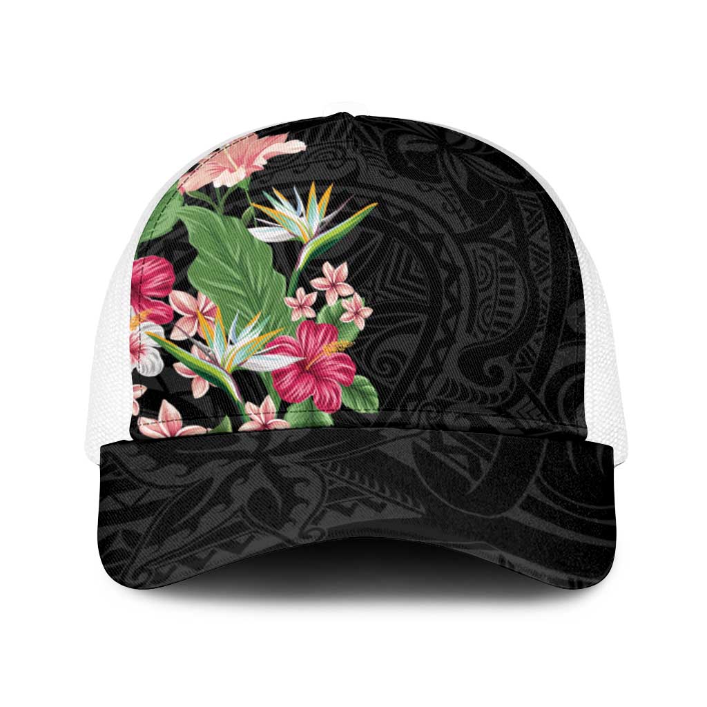 Hawaii Tropical Flowers Baseball Net Cap Polynesian Tattoo Black