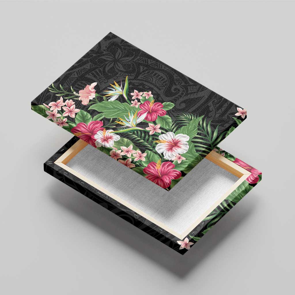 Hawaii Tropical Flowers Canvas Wall Art Polynesian Tattoo Black