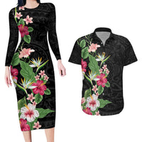 Hawaii Tropical Flowers Couples Matching Long Sleeve Bodycon Dress and Hawaiian Shirt Polynesian Tattoo Black LT05 Black - Polynesian Pride