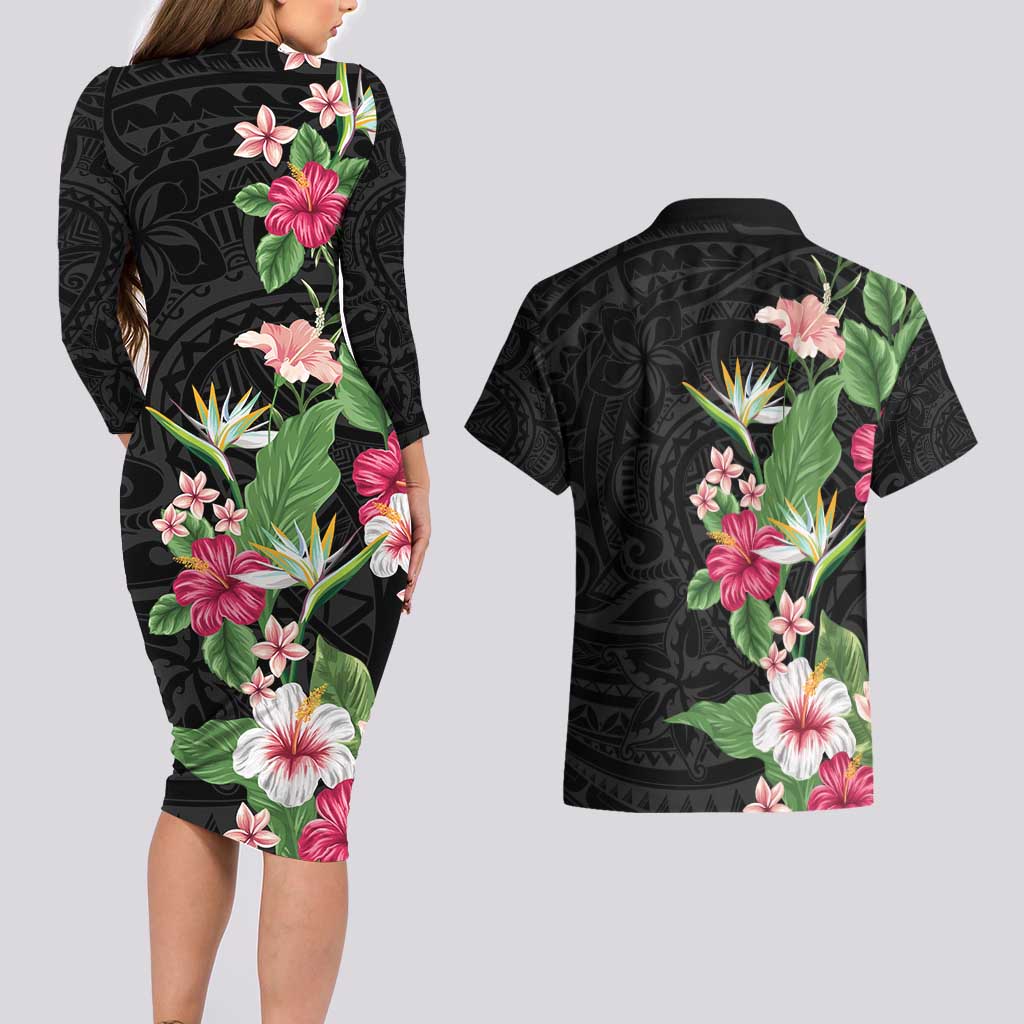 Hawaii Tropical Flowers Couples Matching Long Sleeve Bodycon Dress and Hawaiian Shirt Polynesian Tattoo Black LT05 - Polynesian Pride