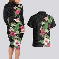 Hawaii Tropical Flowers Couples Matching Long Sleeve Bodycon Dress and Hawaiian Shirt Polynesian Tattoo Black LT05 - Polynesian Pride