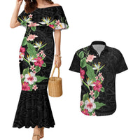 Hawaii Tropical Flowers Couples Matching Mermaid Dress and Hawaiian Shirt Polynesian Tattoo Black LT05 Black - Polynesian Pride