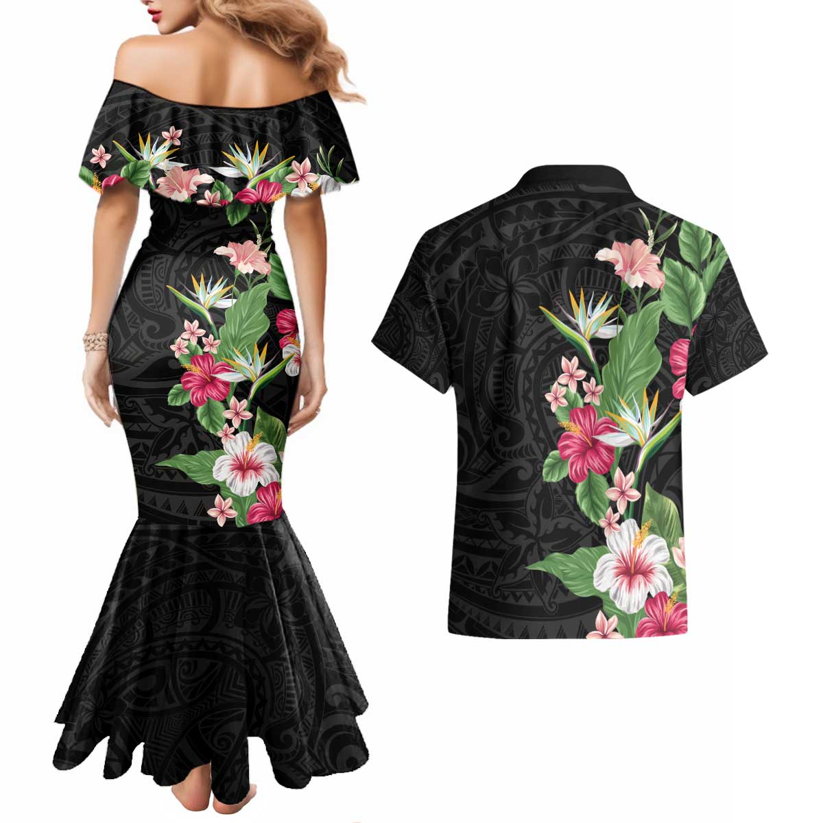 Hawaii Tropical Flowers Couples Matching Mermaid Dress and Hawaiian Shirt Polynesian Tattoo Black LT05 - Polynesian Pride
