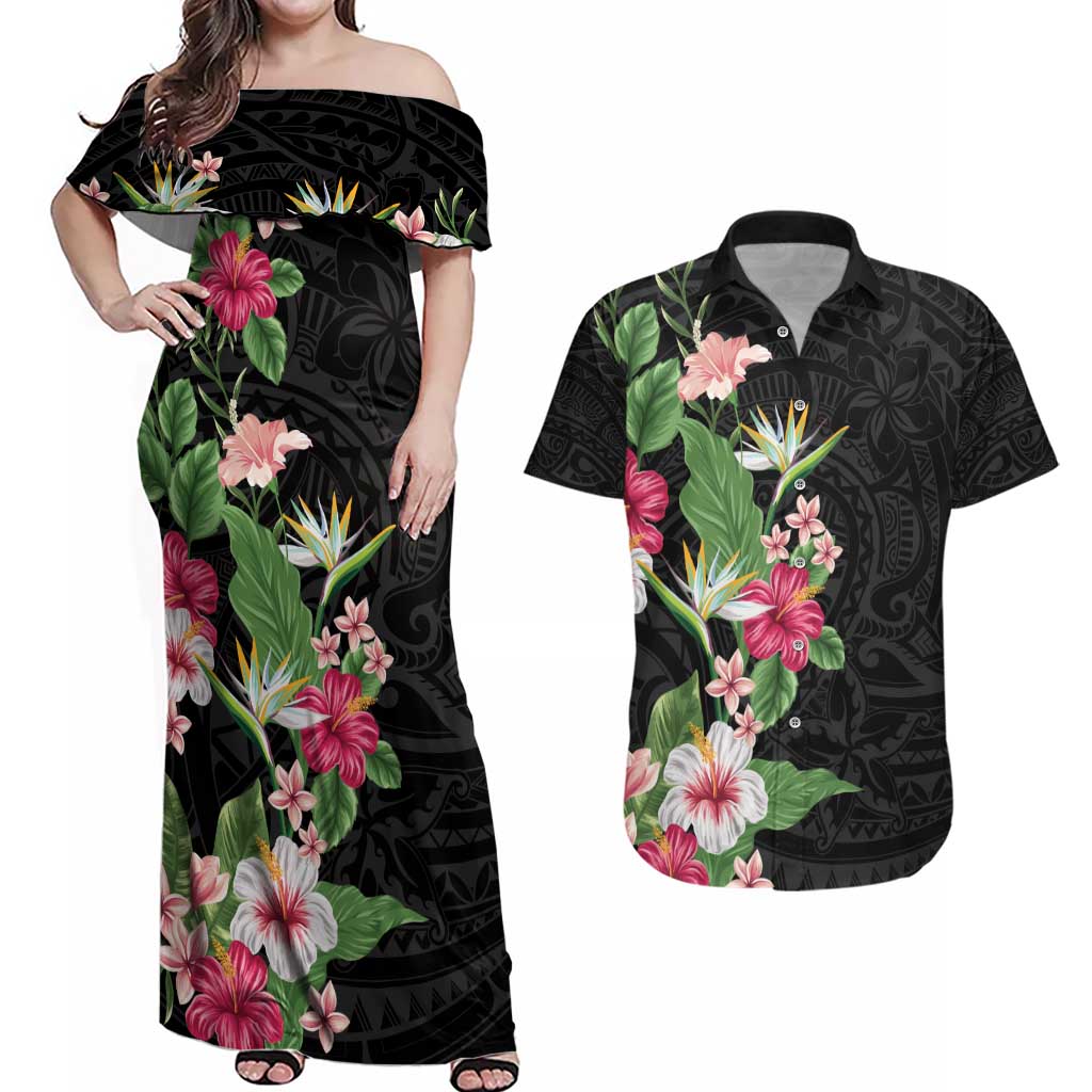 Hawaii Tropical Flowers Couples Matching Off Shoulder Maxi Dress and Hawaiian Shirt - Polynesian Tattoo Black LT05 Black - Polynesian Pride