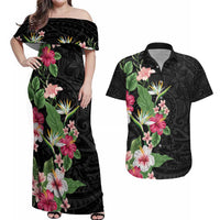 Hawaii Tropical Flowers Couples Matching Off Shoulder Maxi Dress and Hawaiian Shirt - Polynesian Tattoo Black LT05 Black - Polynesian Pride