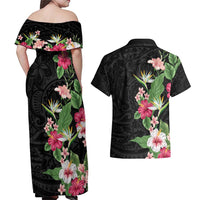 Hawaii Tropical Flowers Couples Matching Off Shoulder Maxi Dress and Hawaiian Shirt - Polynesian Tattoo Black LT05 - Polynesian Pride