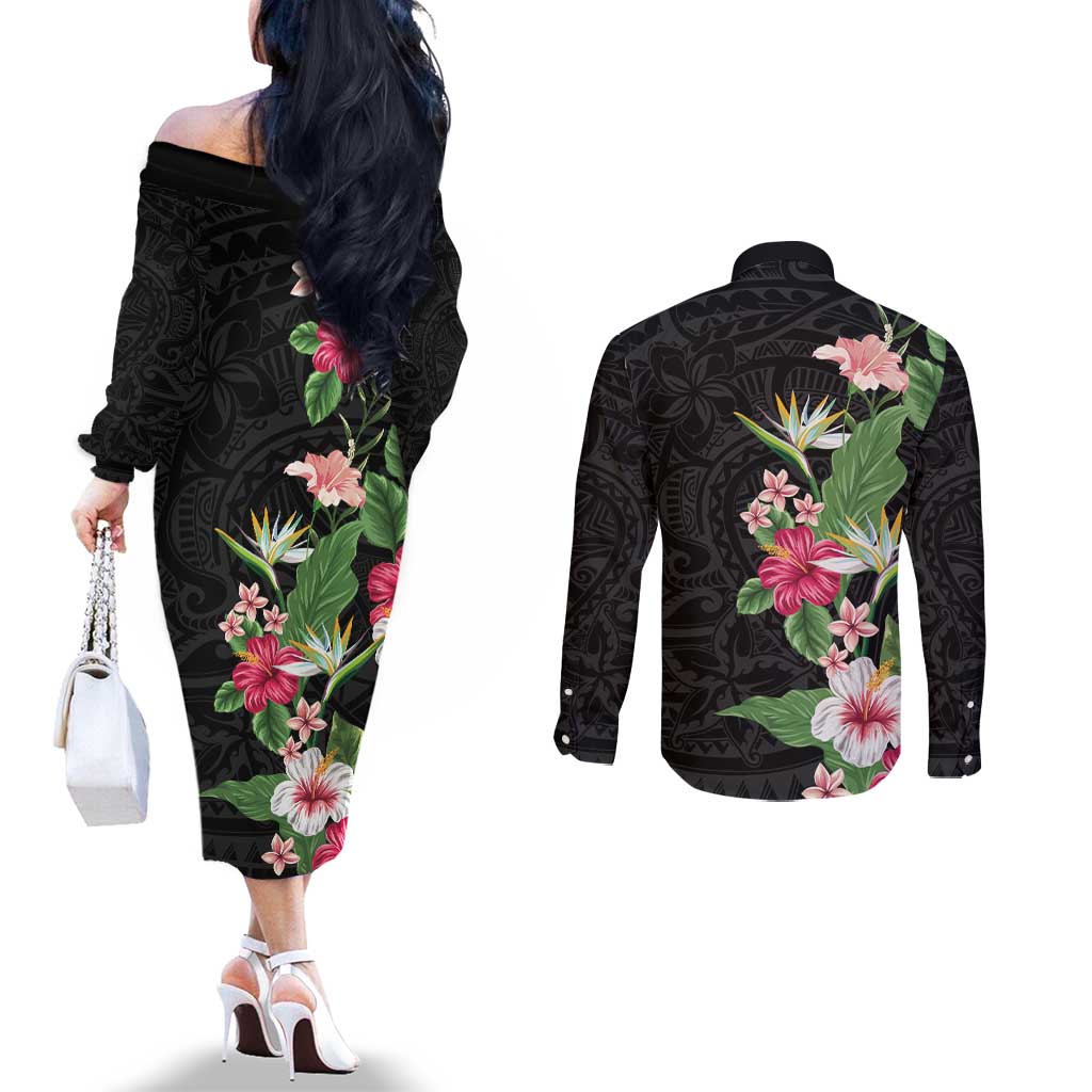 Hawaii Tropical Flowers Couples Matching Off The Shoulder Long Sleeve Dress and Long Sleeve Button Shirt Polynesian Tattoo Black