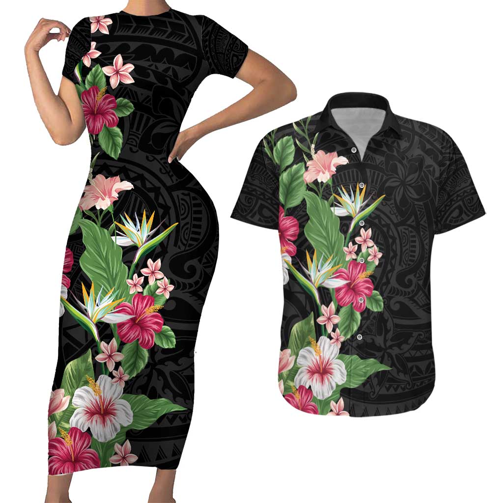 Hawaii Tropical Flowers Couples Matching Short Sleeve Bodycon Dress and Hawaiian Shirt Polynesian Tattoo Black LT05 Black - Polynesian Pride