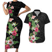 Hawaii Tropical Flowers Couples Matching Short Sleeve Bodycon Dress and Hawaiian Shirt Polynesian Tattoo Black LT05 Black - Polynesian Pride