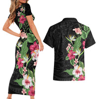 Hawaii Tropical Flowers Couples Matching Short Sleeve Bodycon Dress and Hawaiian Shirt Polynesian Tattoo Black LT05 - Polynesian Pride