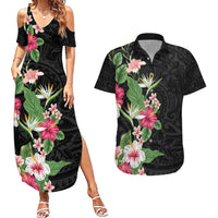Hawaii Tropical Flowers Couples Matching Summer Maxi Dress and Hawaiian Shirt - Polynesian Tattoo Black LT05 Black - Polynesian Pride