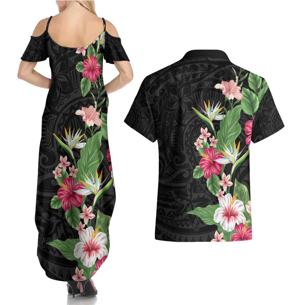 Hawaii Tropical Flowers Couples Matching Summer Maxi Dress and Hawaiian Shirt - Polynesian Tattoo Black LT05 - Polynesian Pride