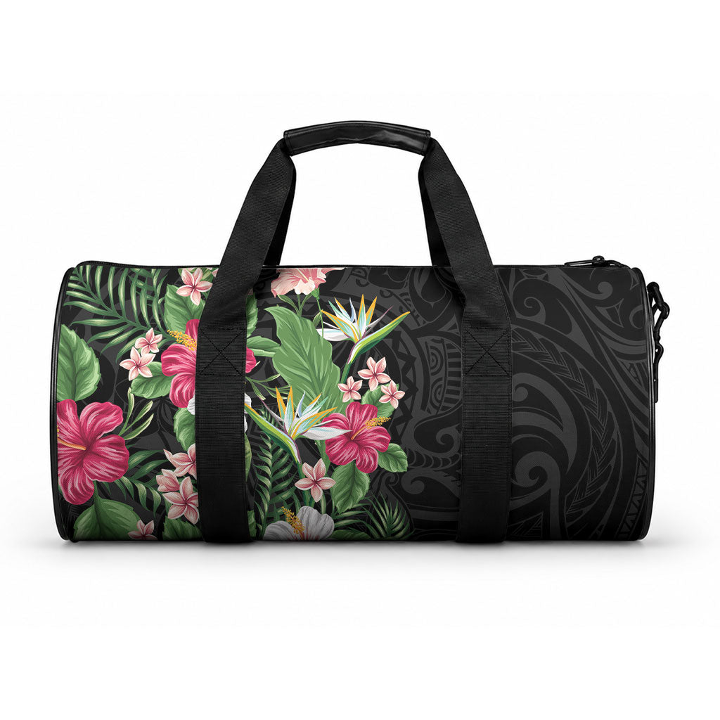 Hawaii Tropical Flowers Duffle Bag Polynesian Tattoo Black