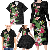Hawaii Tropical Flowers Family Matching Long Sleeve Bodycon Dress and Hawaiian Shirt Polynesian Tattoo Black LT05 - Polynesian Pride