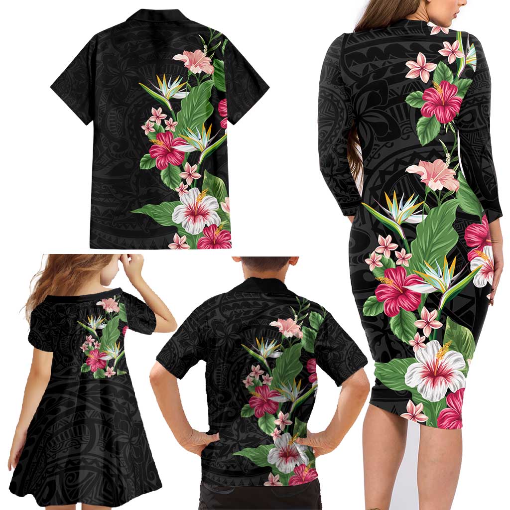 Hawaii Tropical Flowers Family Matching Long Sleeve Bodycon Dress and Hawaiian Shirt Polynesian Tattoo Black LT05 - Polynesian Pride