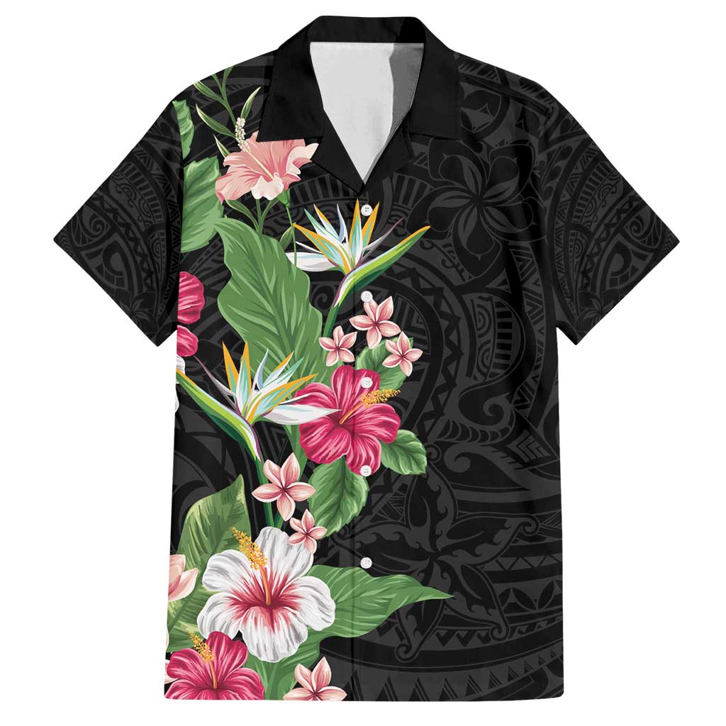 Hawaii Tropical Flowers Family Matching Long Sleeve Bodycon Dress and Hawaiian Shirt Polynesian Tattoo Black LT05 Dad's Shirt - Short Sleeve Black - Polynesian Pride