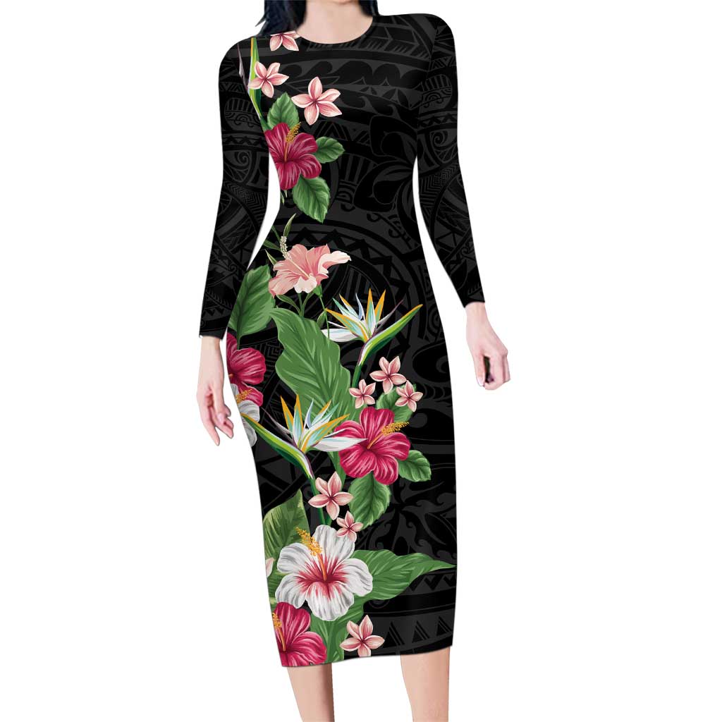 Hawaii Tropical Flowers Family Matching Long Sleeve Bodycon Dress and Hawaiian Shirt Polynesian Tattoo Black LT05 Mom's Dress Black - Polynesian Pride