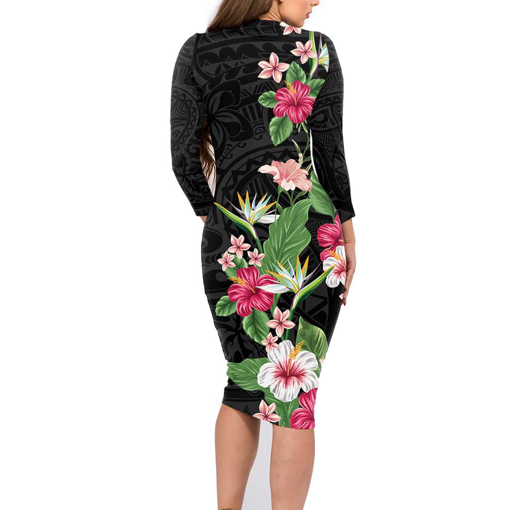 Hawaii Tropical Flowers Family Matching Long Sleeve Bodycon Dress and Hawaiian Shirt Polynesian Tattoo Black LT05 - Polynesian Pride