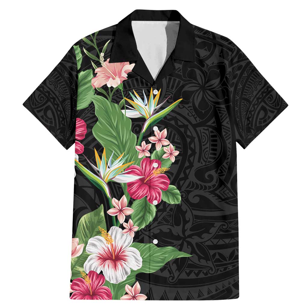 Hawaii Tropical Flowers Family Matching Mermaid Dress and Hawaiian Shirt Polynesian Tattoo Black LT05 Dad's Shirt - Short Sleeve Black - Polynesian Pride