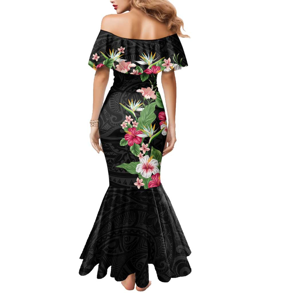 Hawaii Tropical Flowers Family Matching Mermaid Dress and Hawaiian Shirt Polynesian Tattoo Black LT05 - Polynesian Pride