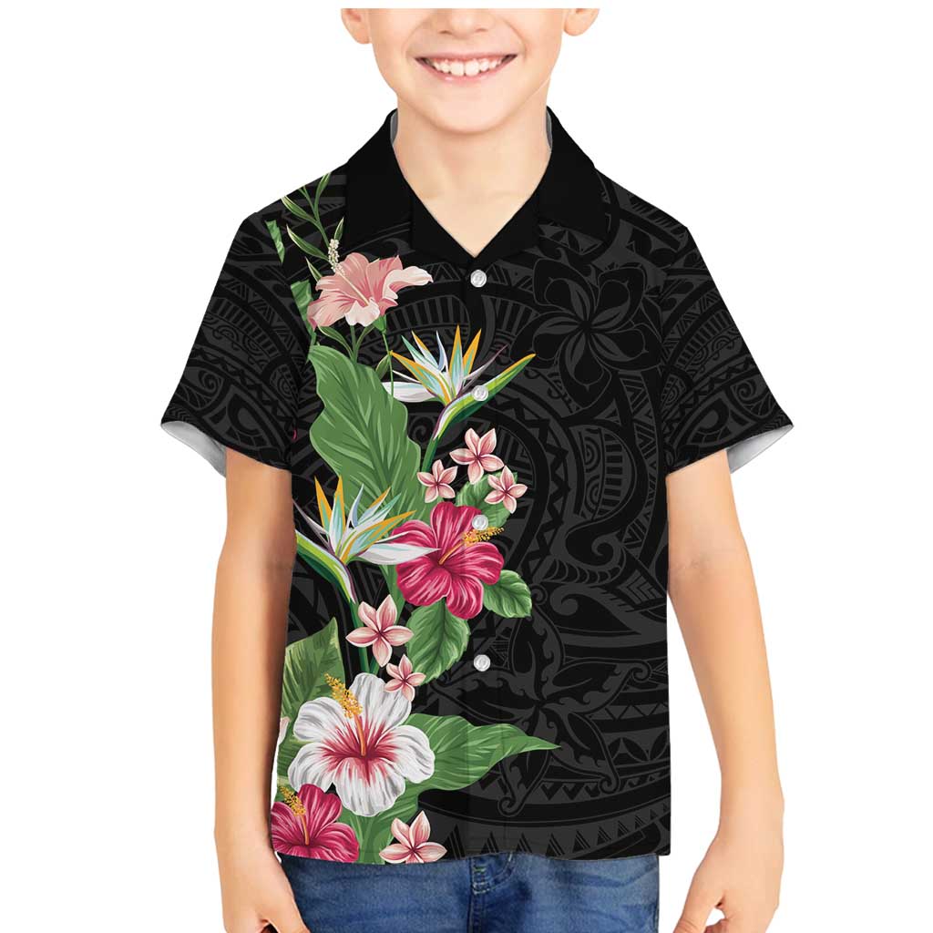 Hawaii Tropical Flowers Family Matching Mermaid Dress and Hawaiian Shirt Polynesian Tattoo Black LT05 Son's Shirt Black - Polynesian Pride