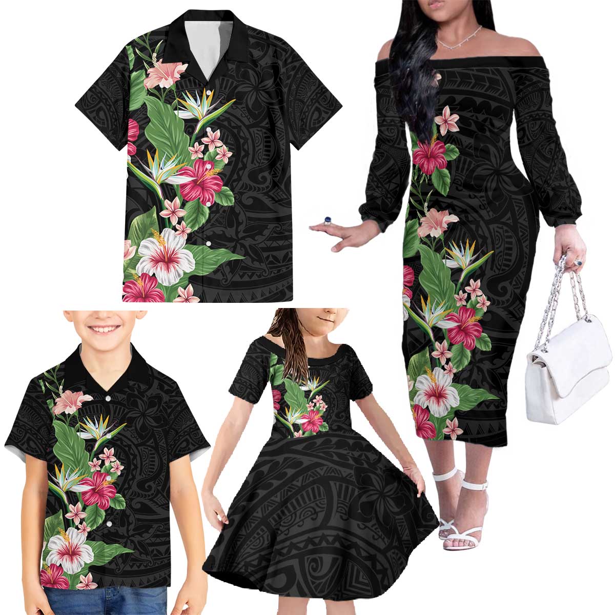 Hawaii Tropical Flowers Family Matching Off The Shoulder Long Sleeve Dress and Hawaiian Shirt Polynesian Tattoo Black LT05 - Polynesian Pride
