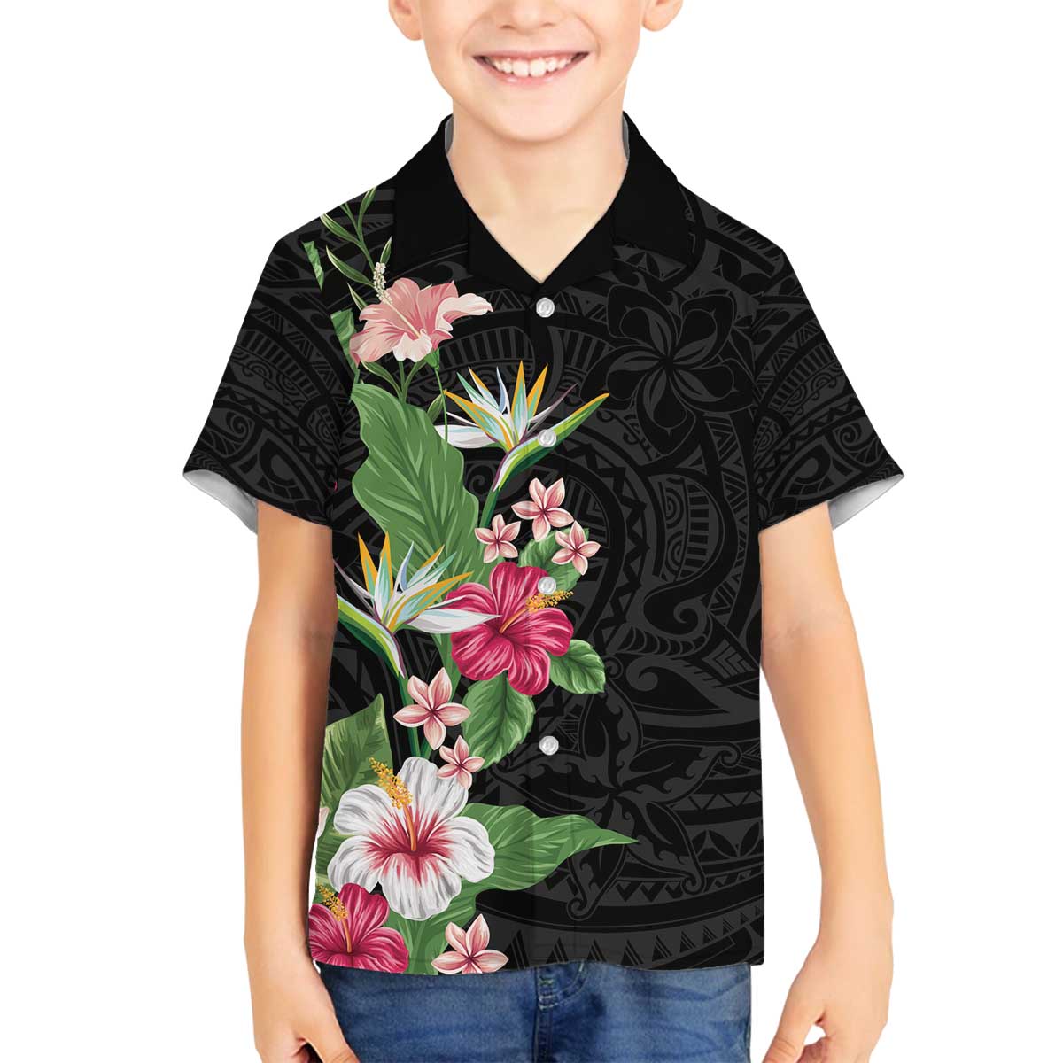 Hawaii Tropical Flowers Family Matching Off The Shoulder Long Sleeve Dress and Hawaiian Shirt Polynesian Tattoo Black LT05 Son's Shirt Black - Polynesian Pride