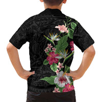 Hawaii Tropical Flowers Family Matching Off Shoulder Maxi Dress and Hawaiian Shirt - Polynesian Tattoo Black LT05 - Polynesian Pride