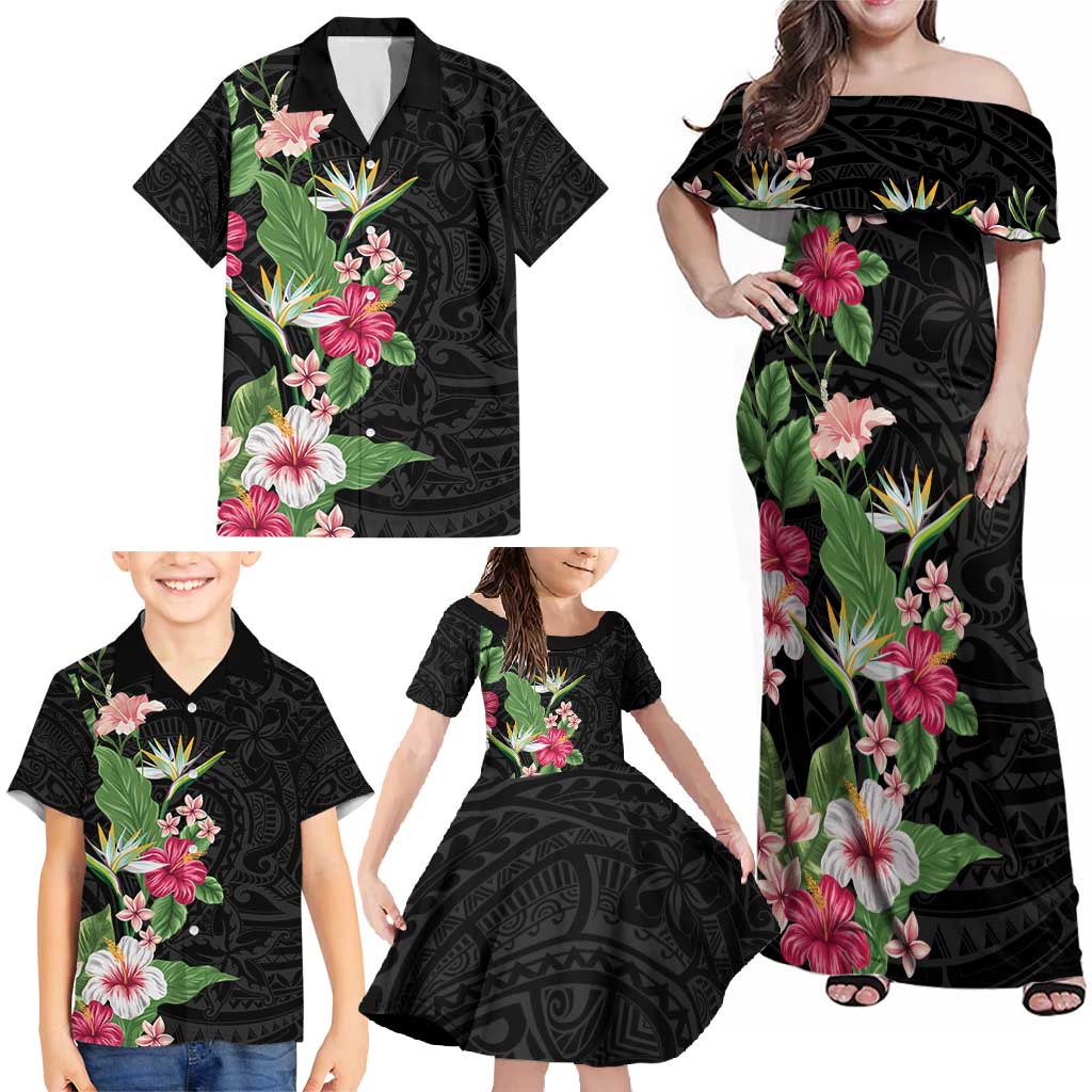 Hawaii Tropical Flowers Family Matching Off Shoulder Maxi Dress and Hawaiian Shirt - Polynesian Tattoo Black LT05 - Polynesian Pride
