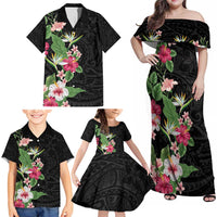 Hawaii Tropical Flowers Family Matching Off Shoulder Maxi Dress and Hawaiian Shirt - Polynesian Tattoo Black LT05 - Polynesian Pride