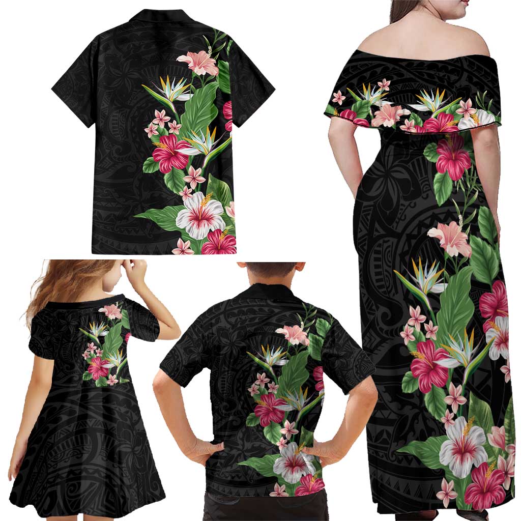 Hawaii Tropical Flowers Family Matching Off Shoulder Maxi Dress and Hawaiian Shirt - Polynesian Tattoo Black LT05 - Polynesian Pride