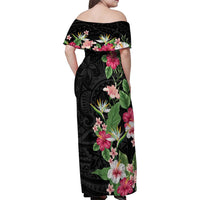 Hawaii Tropical Flowers Family Matching Off Shoulder Maxi Dress and Hawaiian Shirt - Polynesian Tattoo Black LT05 - Polynesian Pride