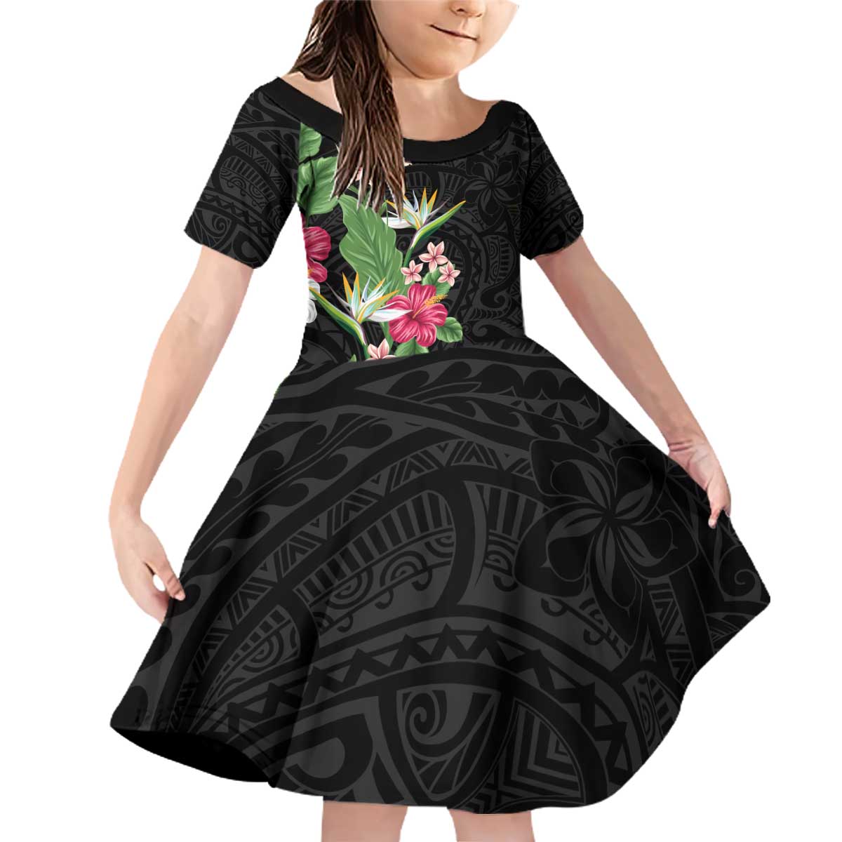 Hawaii Tropical Flowers Family Matching Off Shoulder Short Dress and Hawaiian Shirt Polynesian Tattoo Black LT05 Daughter's Dress Black - Polynesian Pride
