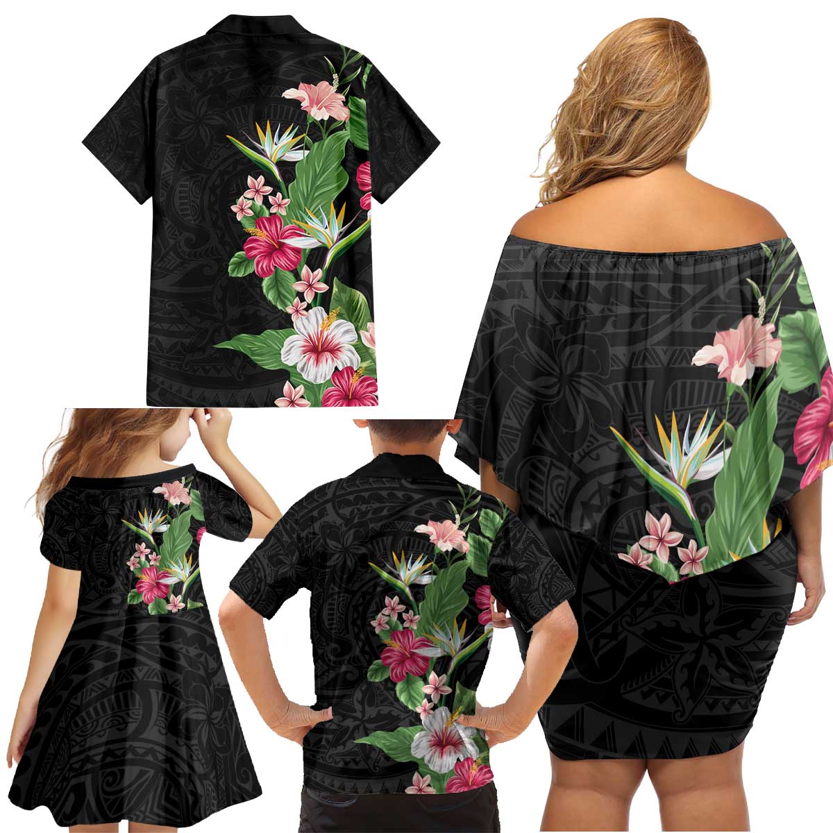 Hawaii Tropical Flowers Family Matching Off Shoulder Short Dress and Hawaiian Shirt Polynesian Tattoo Black LT05 - Polynesian Pride